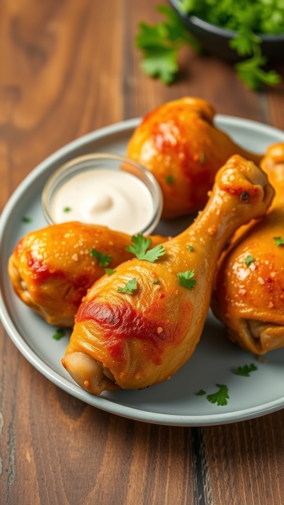 Crispy oven-baked chicken drumsticks garnished with parsley on a rustic wooden table.